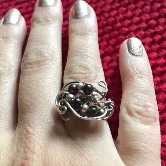 Silver & Pearl Wire Wrapped Ring - Picture 2 of 3